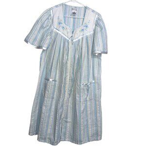 Celestial Dreams Womens Striped Housecoat With Embroidered Floral Details Zip